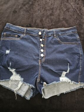 High-Rise Distressed Denim Shorts - Dark Blue